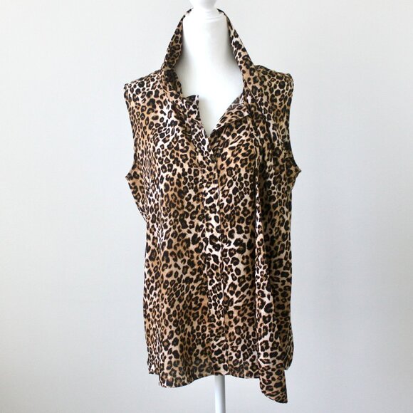 Tahari Brown Leopard Print Scarf Bow Sleeveless Blouse Top Medium - Picture 2 of 6